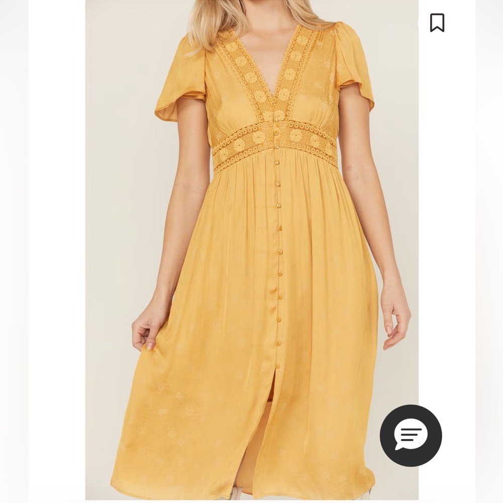 Yellow Button-Front Midi Dress with Lace Trim - Picture 3 of 6